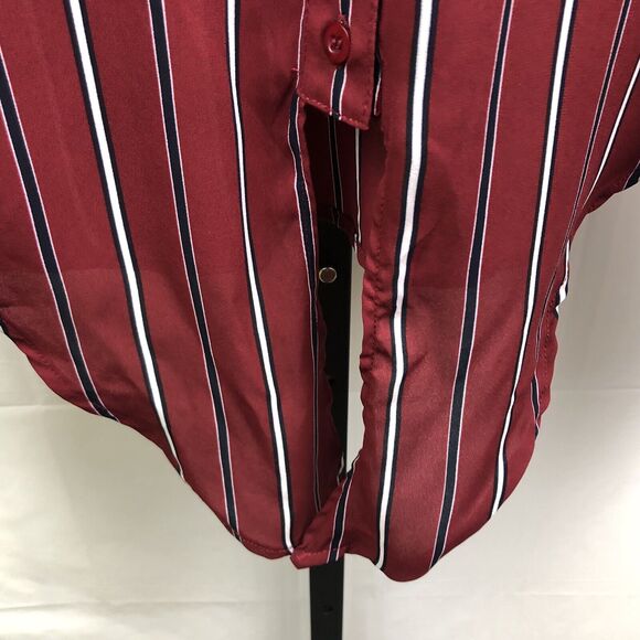 Haute Monde Button Up Blouse Women 2XL Maroon Stripe Semi Sheer Tie Waist & Cuff - Picture 2 of 12